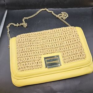 Talbots Leather Yellow Straw Detachable Gold Chain Crossbody Purse💛
